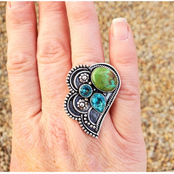 New Chrysocolla & Blue Topaz 925 Silver Ring. - Picture 14 of 16